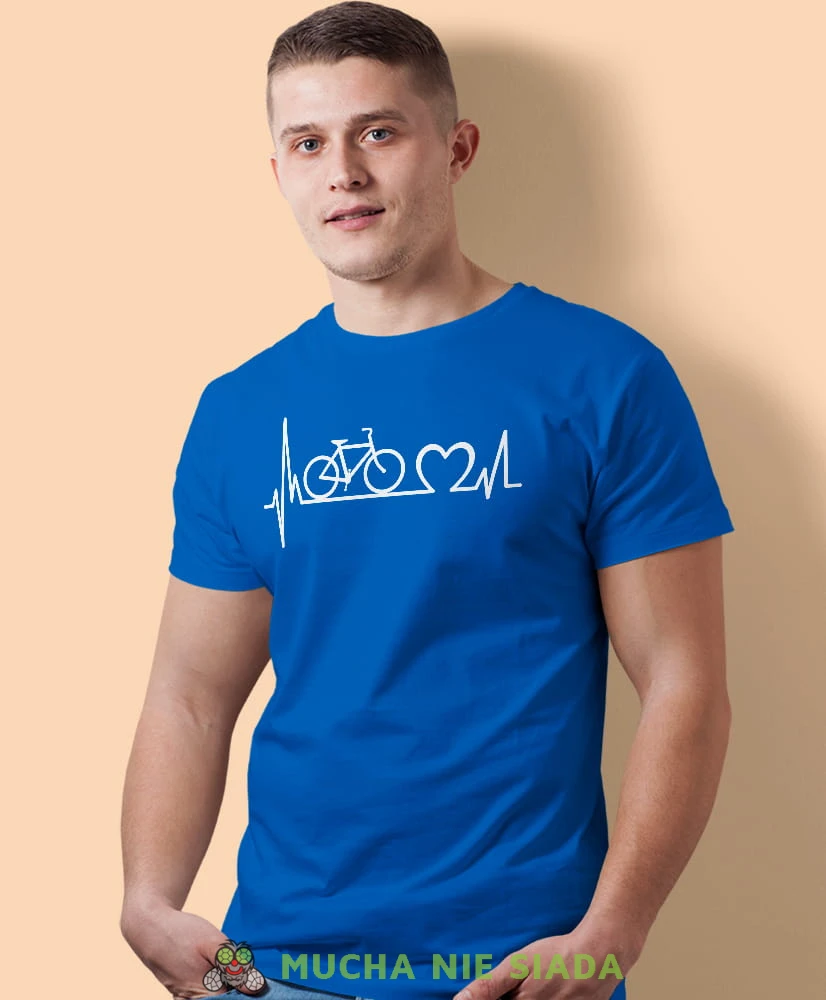 kocham rower bicie serca, niebieska męska koszulka rowerowa z nadrukiem, na rower, na co dzień, na prezent, fajna koszulka dla chłopaka, rower, rowerzysta.jpg