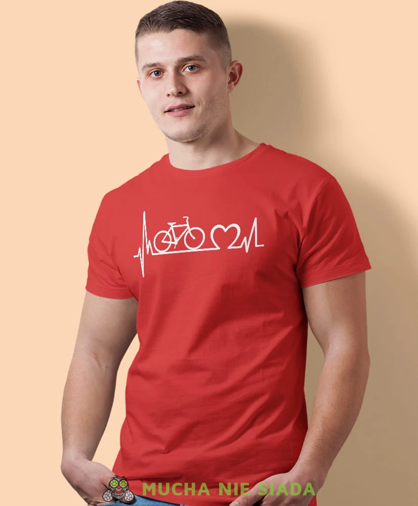 kocham rower bicie serca, czerwona męska koszulka rowerowa z nadrukiem, na rower, na co dzień, na prezent, fajna koszulka dla chłopaka, rower, rowerzysta.jpg