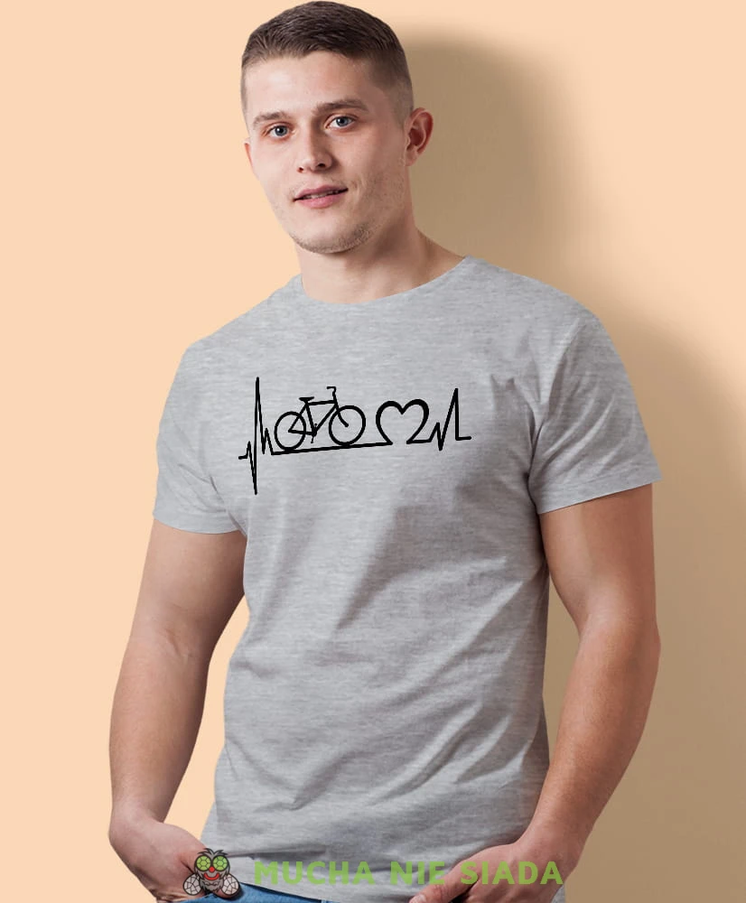 kocham rower bicie serca, szara męska koszulka rowerowa z nadrukiem, na rower, na co dzień, na prezent, fajna koszulka dla chłopaka, rower, rowerzysta.jpg