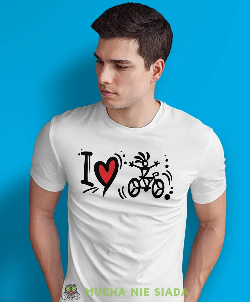 i love bicycle, biała męska koszulka rowerowa z nadrukiem, na rower, na co dzień, na prezent, fajna koszulka dla chłopaka, rower, rowerzysta.jpg