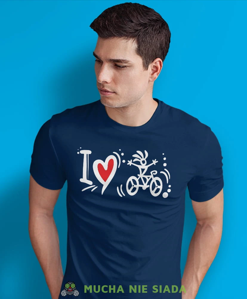 i love bicycle, granatowa męska koszulka rowerowa z nadrukiem, na rower, na co dzień, na prezent, fajna koszulka dla chłopaka, rower, rowerzysta.jpg