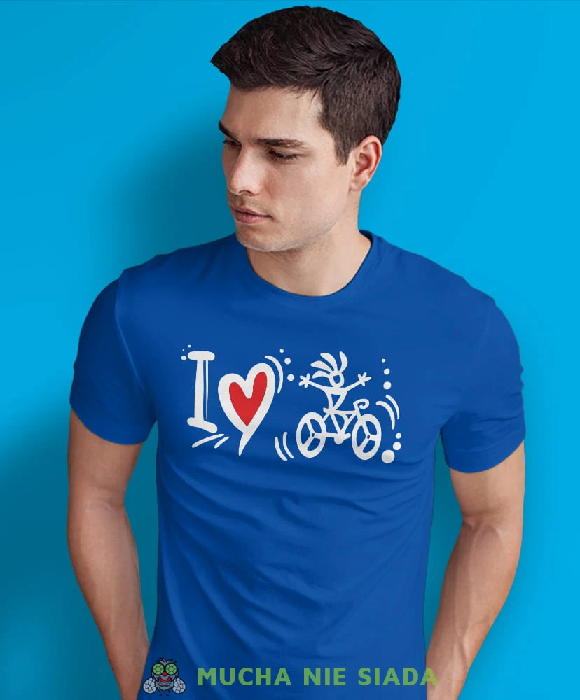 i love bicycle, niebieska męska koszulka rowerowa z nadrukiem, na rower, na co dzień, na prezent, fajna koszulka dla chłopaka, rower, rowerzysta.jpg