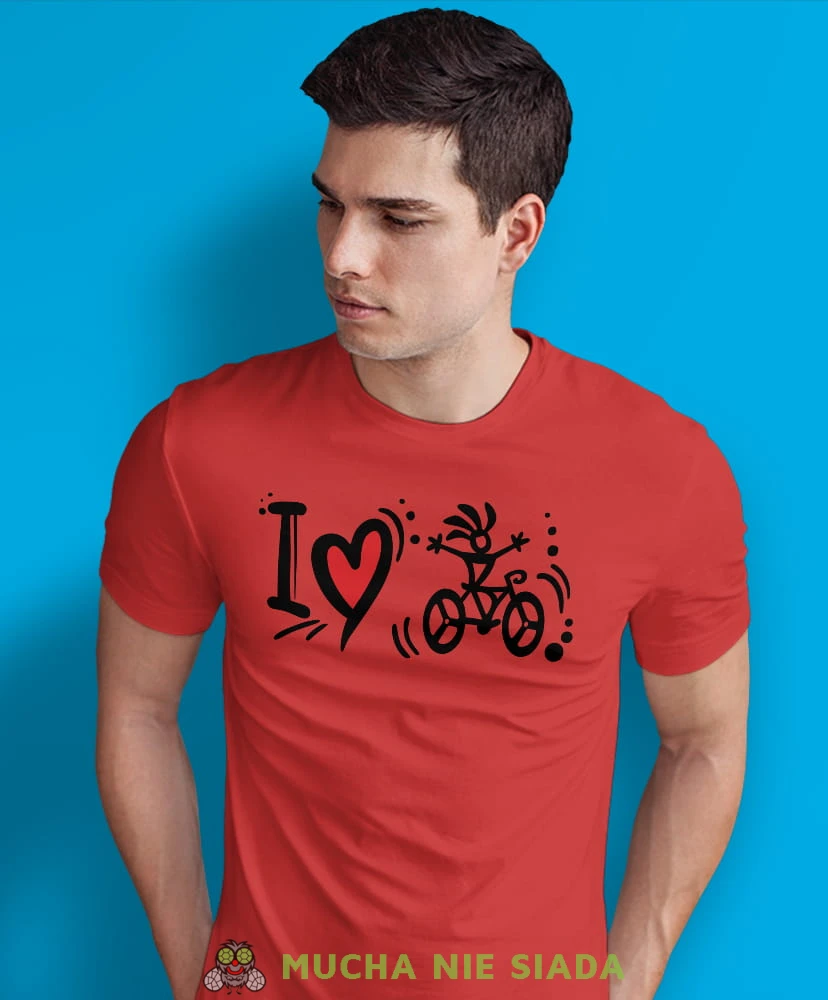 i love bicycle, czerwona męska koszulka rowerowa z nadrukiem, na rower, na co dzień, na prezent, fajna koszulka dla chłopaka, rower, rowerzysta.jpg