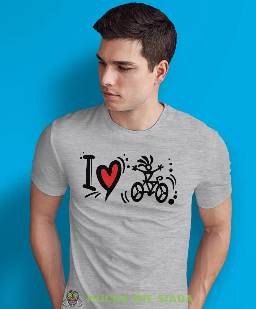 i love bicycle, szara męska koszulka rowerowa z nadrukiem, na rower, na co dzień, na prezent, fajna koszulka dla chłopaka, rower, rowerzysta.jpg