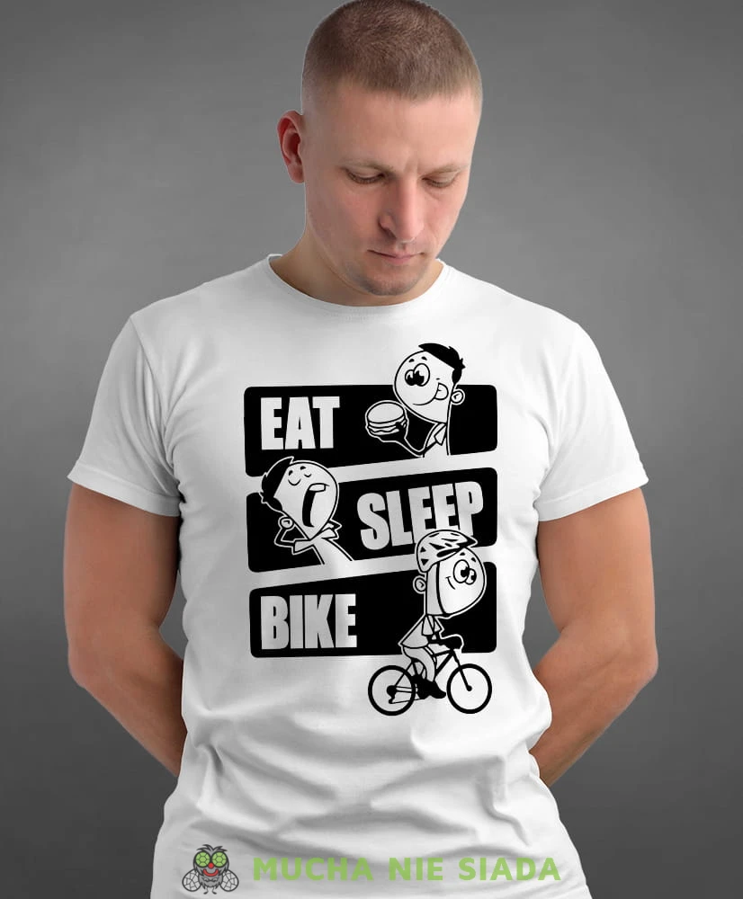 eat sleep bike, biała męska koszulka rowerowa z nadrukiem, na rower, na co dzień, na prezent, fajna koszulka dla chłopaka, rower, rowerzysta.jpg