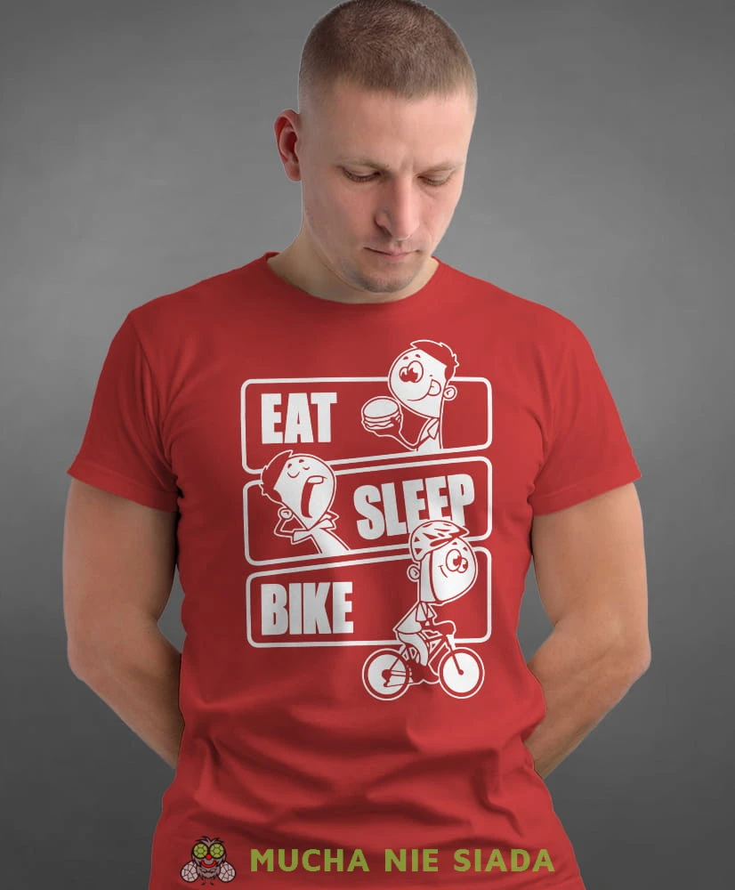eat sleep bike, czerwona męska koszulka rowerowa z nadrukiem, na rower, na co dzień, na prezent, fajna koszulka dla chłopaka, rower, rowerzysta.jpg