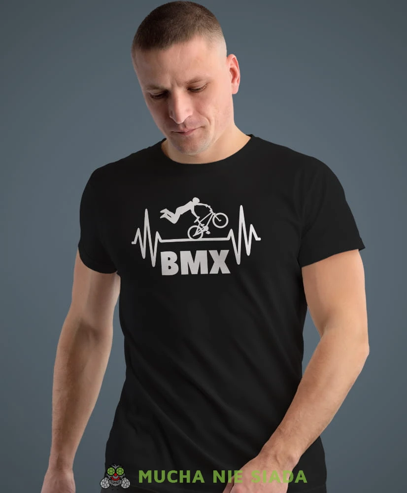 bmx, czarna męska koszulka rowerowa z nadrukiem, na rower, na co dzień, na prezent, fajna koszulka dla chłopaka, rower, rowerzysta.jpg