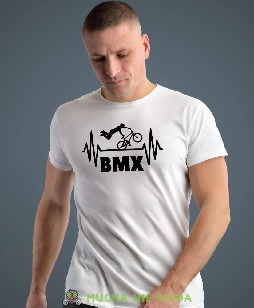 bmx, biała męska koszulka rowerowa z nadrukiem, na rower, na co dzień, na prezent, fajna koszulka dla chłopaka, rower, rowerzysta.jpg