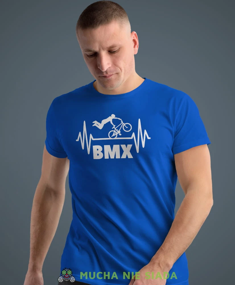 bmx, niebieska męska koszulka rowerowa z nadrukiem, na rower, na co dzień, na prezent, fajna koszulka dla chłopaka, rower, rowerzysta.jpg