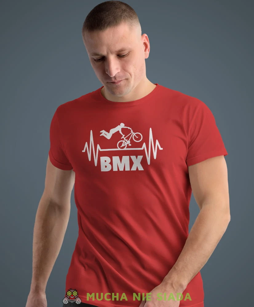 bmx, czerwona męska koszulka rowerowa z nadrukiem, na rower, na co dzień, na prezent, fajna koszulka dla chłopaka, rower, rowerzysta.jpg