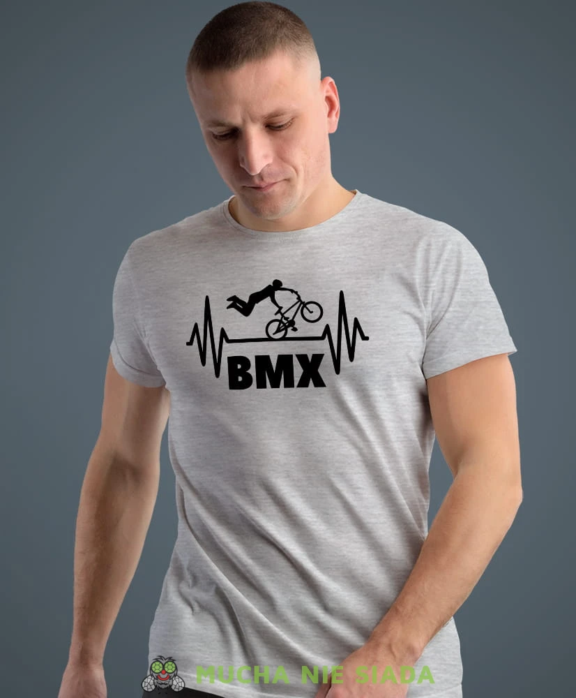 bmx, szara męska koszulka rowerowa z nadrukiem, na rower, na co dzień, na prezent, fajna koszulka dla chłopaka, rower, rowerzysta.jpg