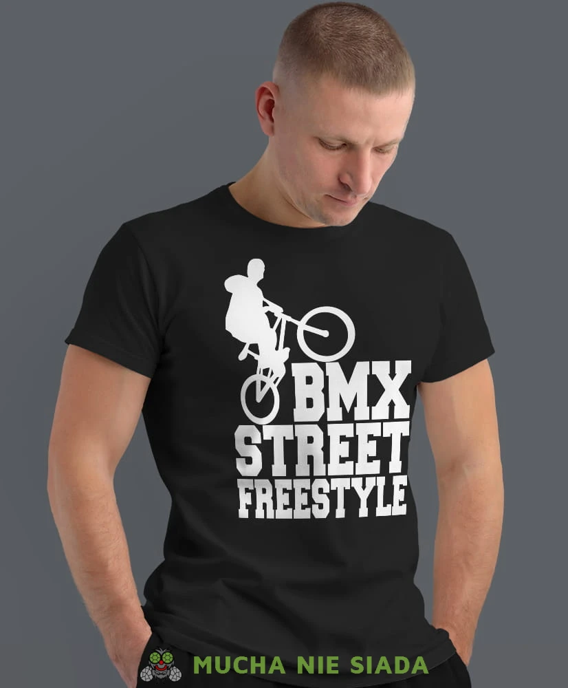 bmx street freestyle, czarna męska koszulka rowerowa z nadrukiem, na rower, na co dzień, na prezent, fajna koszulka dla chłopaka, rower, rowerzysta.jpg