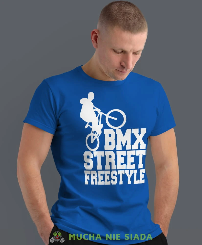 bmx street freestyle, niebieska męska koszulka rowerowa z nadrukiem, na rower, na co dzień, na prezent, fajna koszulka dla chłopaka, rower, rowerzysta.jpg