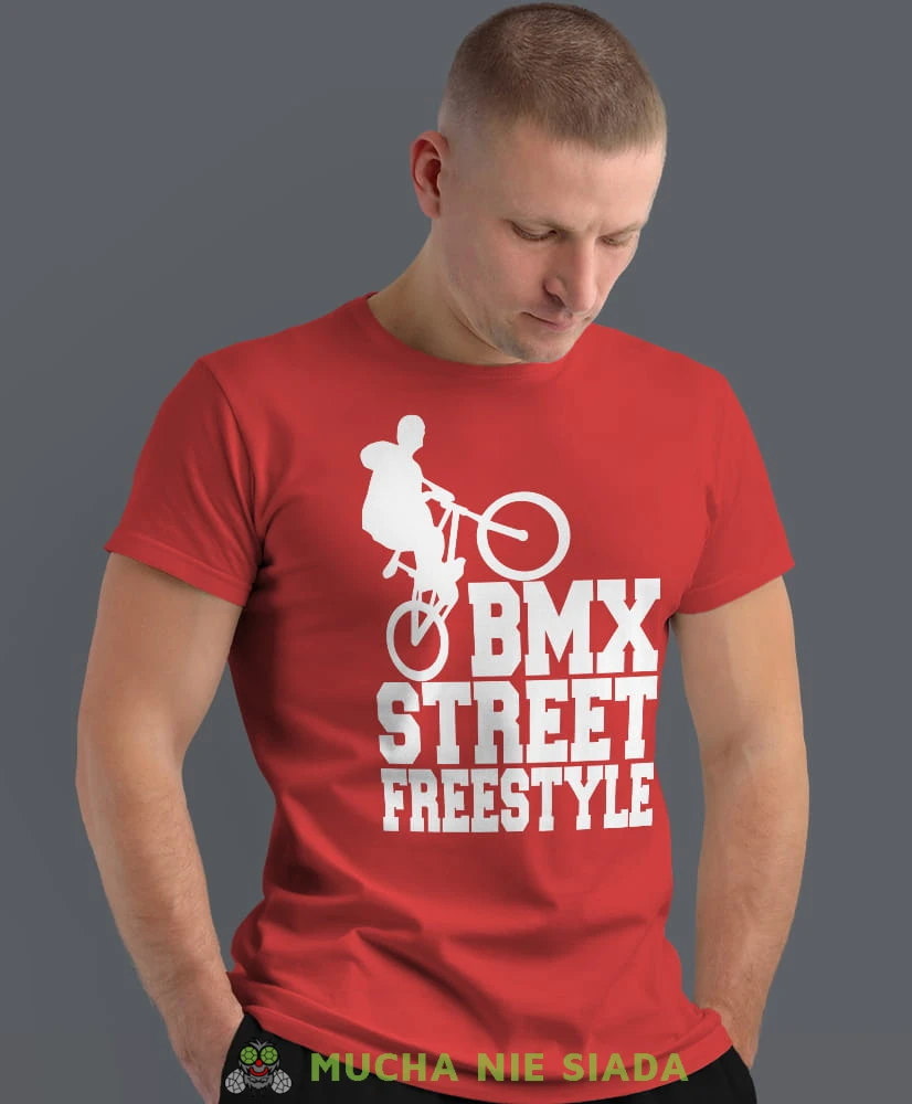 bmx street freestyle, czerwona męska koszulka rowerowa z nadrukiem, na rower, na co dzień, na prezent, fajna koszulka dla chłopaka, rower, rowerzysta.jpg
