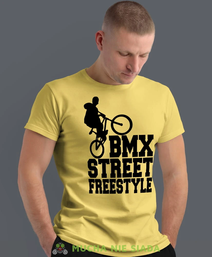 bmx street freestyle, żółta męska koszulka rowerowa z nadrukiem, na rower, na co dzień, na prezent, fajna koszulka dla chłopaka, rower, rowerzysta.jpg