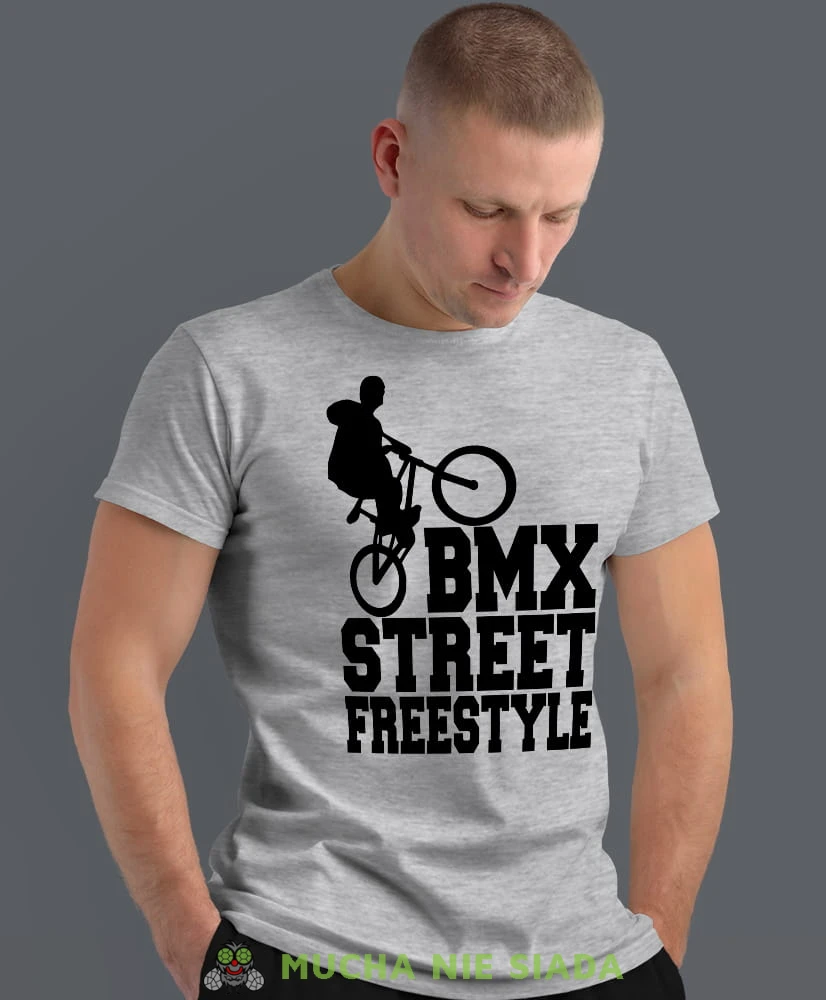 bmx street freestyle, szara męska koszulka rowerowa z nadrukiem, na rower, na co dzień, na prezent, fajna koszulka dla chłopaka, rower, rowerzysta.jpg