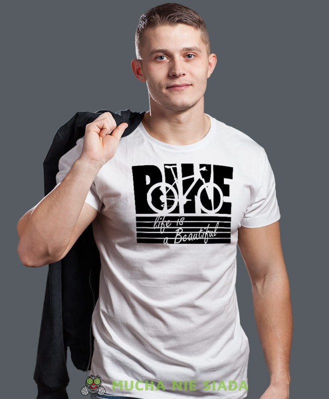 bike life is beautiful, biała męska koszulka rowerowa z nadrukiem, na rower, na co dzień, na prezent, fajna koszulka dla chłopaka, rower, rowerzysta.jpg