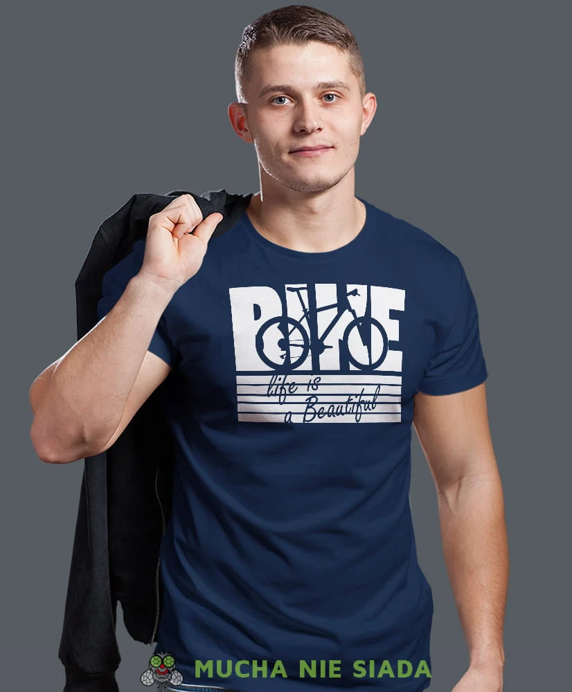 bike life is beautiful, granatowa męska koszulka rowerowa z nadrukiem, na rower, na co dzień, na prezent, fajna koszulka dla chłopaka, rower, rowerzysta.jpg