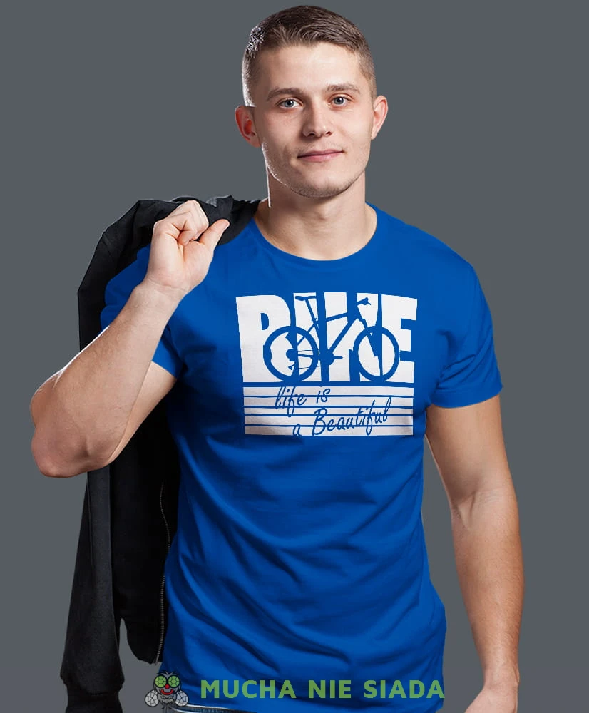 bike life is beautiful, niebieska męska koszulka rowerowa z nadrukiem, na rower, na co dzień, na prezent, fajna koszulka dla chłopaka, rower, rowerzysta.jpg