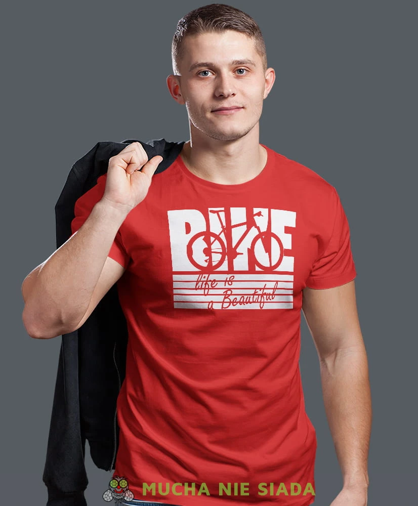 bike life is beautiful, czerwona męska koszulka rowerowa z nadrukiem, na rower, na co dzień, na prezent, fajna koszulka dla chłopaka, rower, rowerzysta.jpg