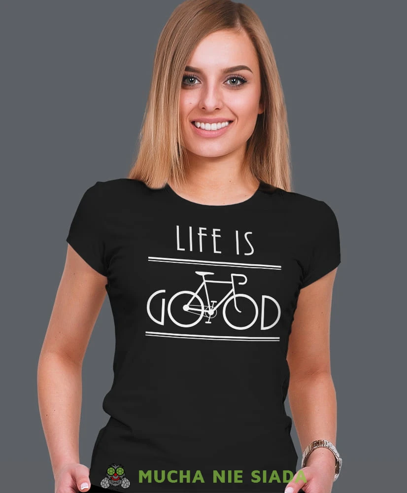 life is good, czarna damska koszulka rowerowa z nadrukiem, na rower, fajna koszulka dla rowerzystki, na co dzień, na prezent.jpg