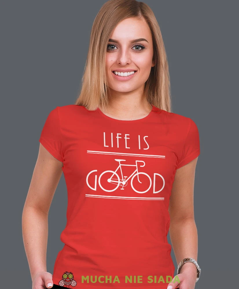 life is good, czerwona damska koszulka rowerowa z nadrukiem, na rower, fajna koszulka dla rowerzystki, na co dzień, na prezent.jpg