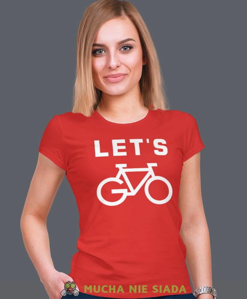 let's go, czerwona damska koszulka rowerowa z nadrukiem, na rower, fajna koszulka dla rowerzystki, na co dzień, na prezent.jpg