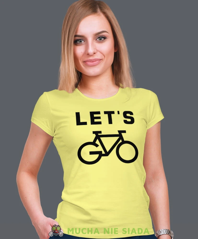 let's go, żółta damska koszulka rowerowa z nadrukiem, na rower, fajna koszulka dla rowerzystki, na co dzień, na prezent.jpg