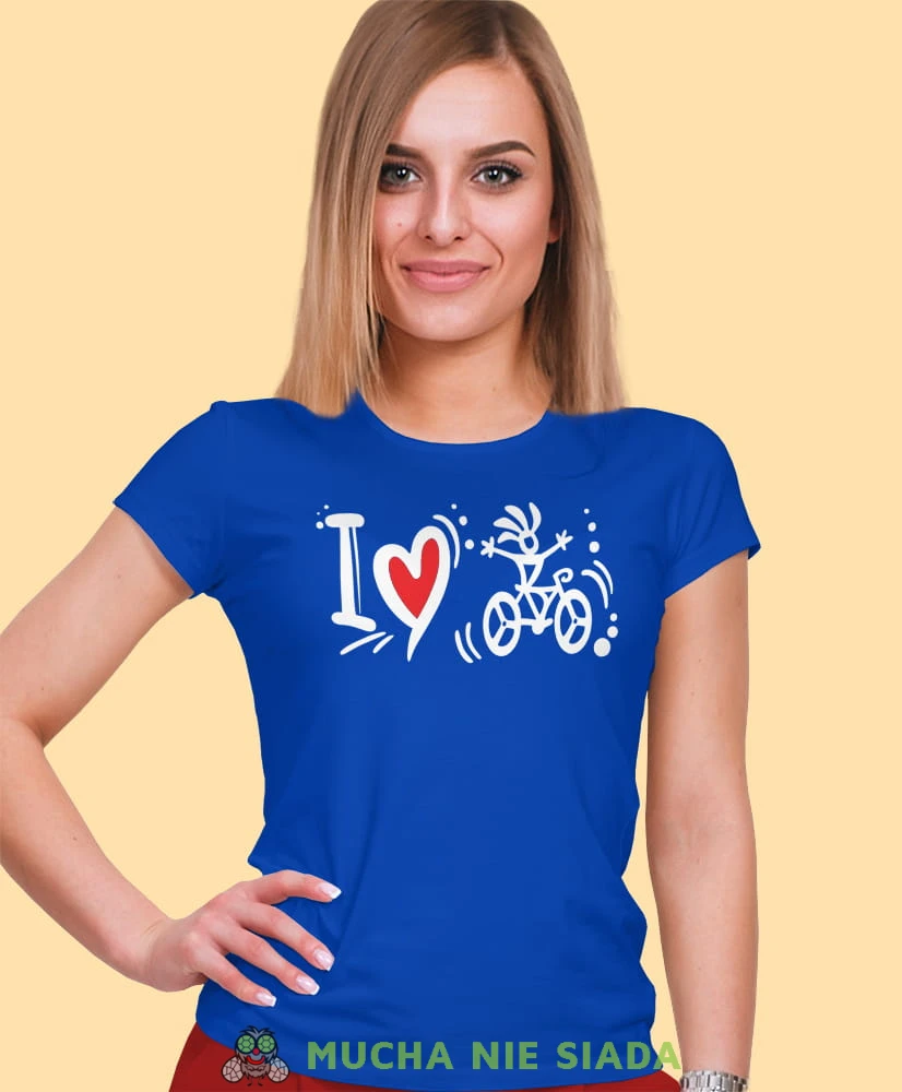 i love bicycle, niebieska damska koszulka rowerowa z nadrukiem, na rower, fajna koszulka dla rowerzystki, na co dzień, na prezent.jpg