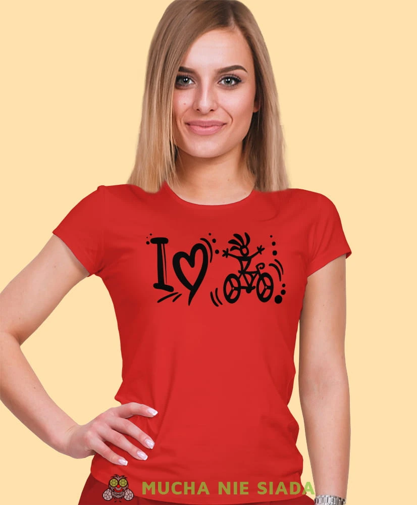i love bicycle, czerwona damska koszulka rowerowa z nadrukiem, na rower, fajna koszulka dla rowerzystki, na co dzień, na prezent.jpg