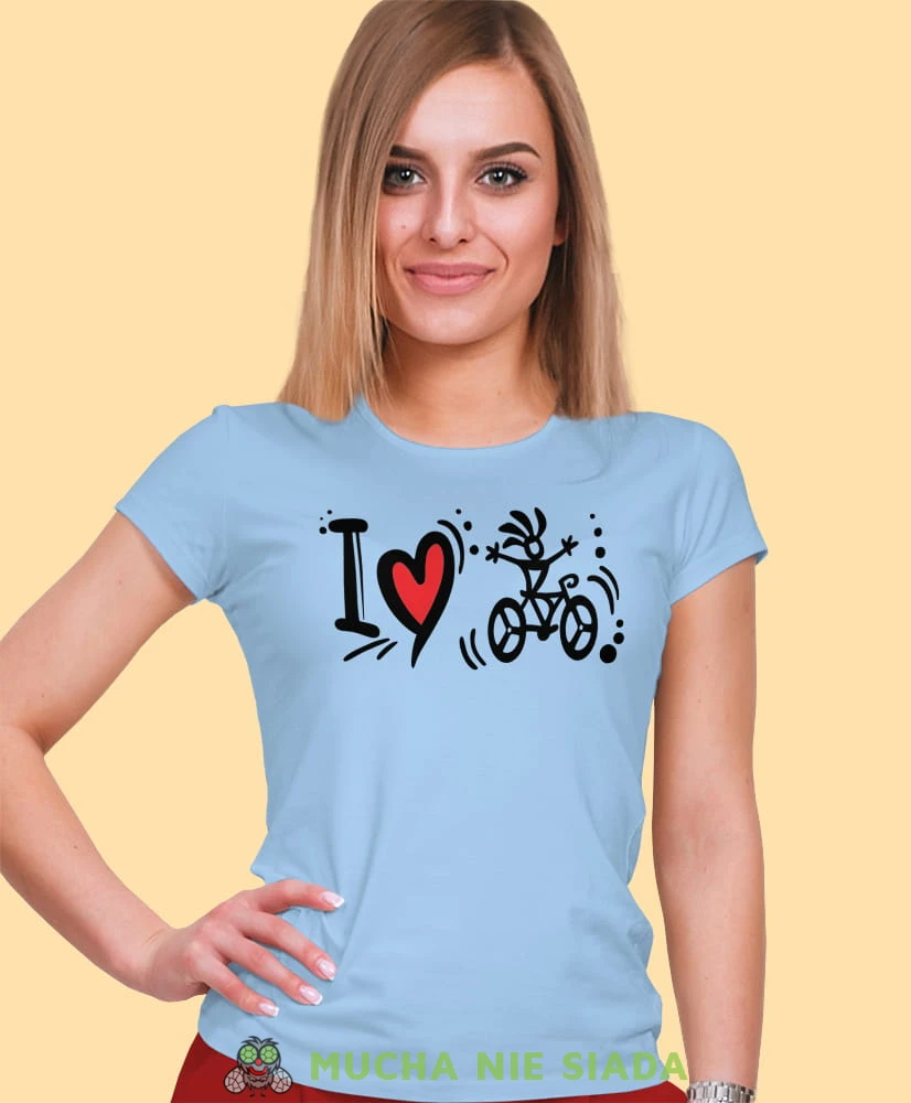 i love bicycle, jasno niebieska damska koszulka rowerowa z nadrukiem, na rower, fajna koszulka dla rowerzystki, na co dzień, na prezent.jpg