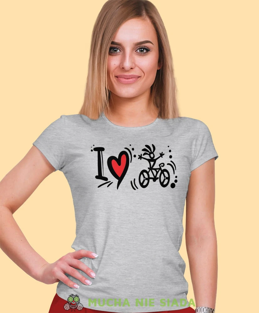 i love bicycle, szara damska koszulka rowerowa z nadrukiem, na rower, fajna koszulka dla rowerzystki, na co dzień, na prezent.jpg