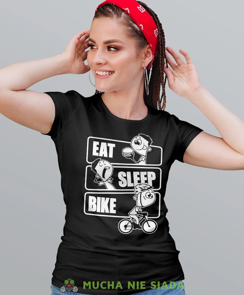 eat sleep bike, czarna damska koszulka rowerowa z nadrukiem, na rower, fajna koszulka dla rowerzystki, na co dzień, na prezent.jpg