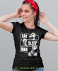 eat sleep bike, czarna damska koszulka rowerowa z nadrukiem, na rower, fajna koszulka dla rowerzystki, na co dzień, na prezent.jpg