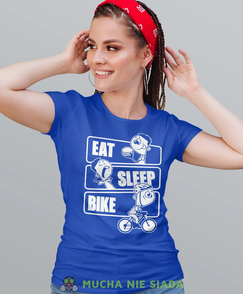 eat sleep bike, niebieska damska koszulka rowerowa z nadrukiem, na rower, fajna koszulka dla rowerzystki, na co dzień, na prezent.jpg