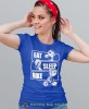 eat sleep bike, niebieska damska koszulka rowerowa z nadrukiem, na rower, fajna koszulka dla rowerzystki, na co dzień, na prezent.jpg
