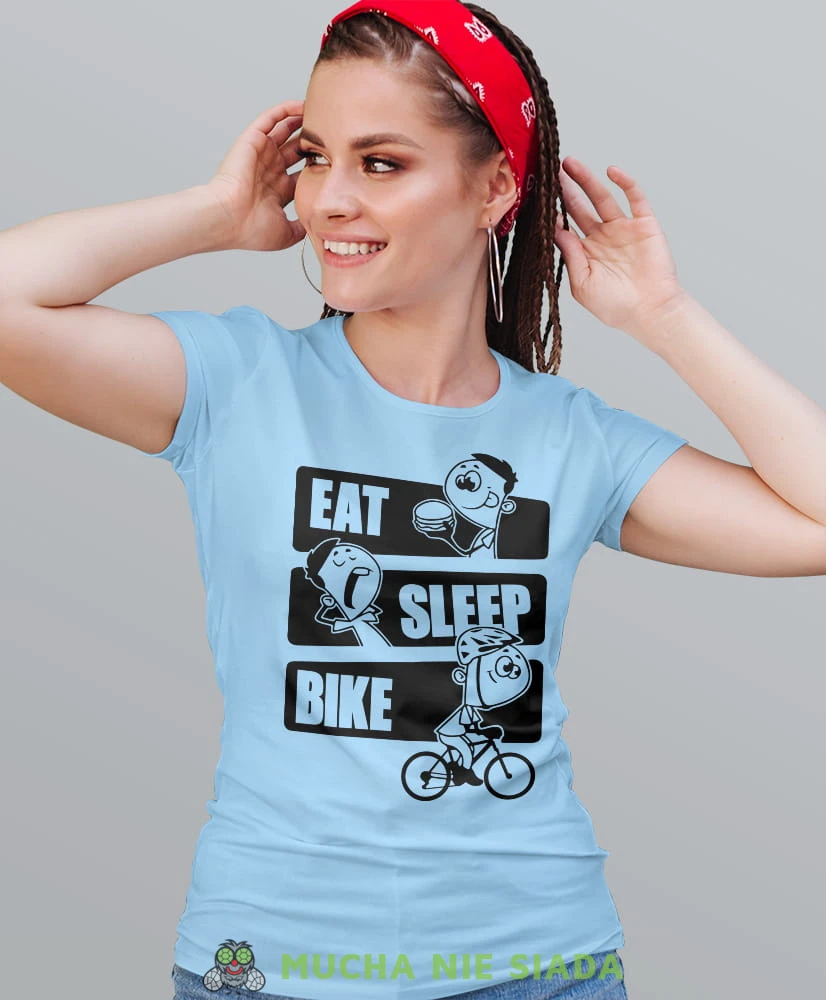 eat sleep bike, jasno niebieska damska koszulka rowerowa z nadrukiem, na rower, fajna koszulka dla rowerzystki, na co dzień, na prezent.jpg