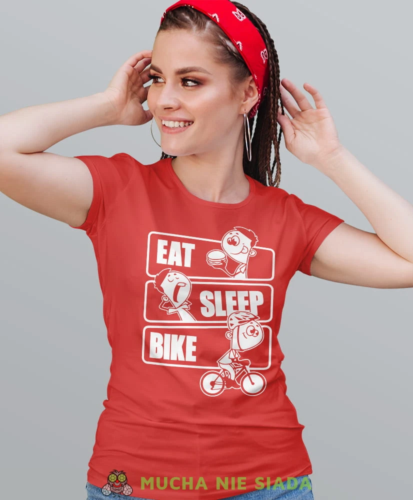 eat sleep bike, czerwona damska koszulka rowerowa z nadrukiem, na rower, fajna koszulka dla rowerzystki, na co dzień, na prezent.jpg