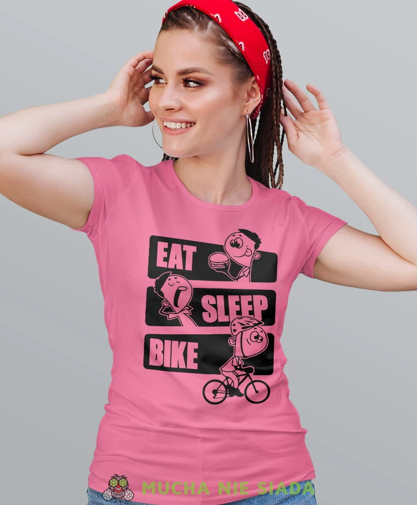 eat sleep bike, różowa damska koszulka rowerowa z nadrukiem, na rower, fajna koszulka dla rowerzystki, na co dzień, na prezent.jpg