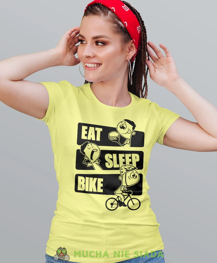 eat sleep bike, żółta damska koszulka rowerowa z nadrukiem, na rower, fajna koszulka dla rowerzystki, na co dzień, na prezent.jpg
