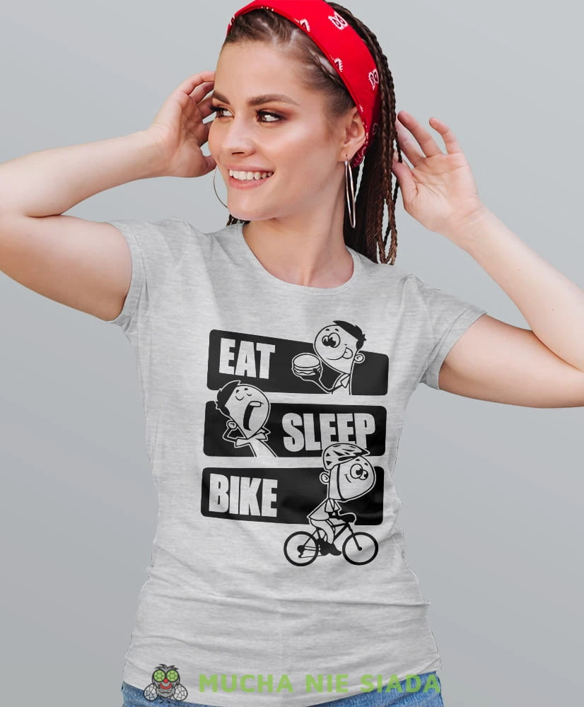 eat sleep bike, szara damska koszulka rowerowa z nadrukiem, na rower, fajna koszulka dla rowerzystki, na co dzień, na prezent.jpg