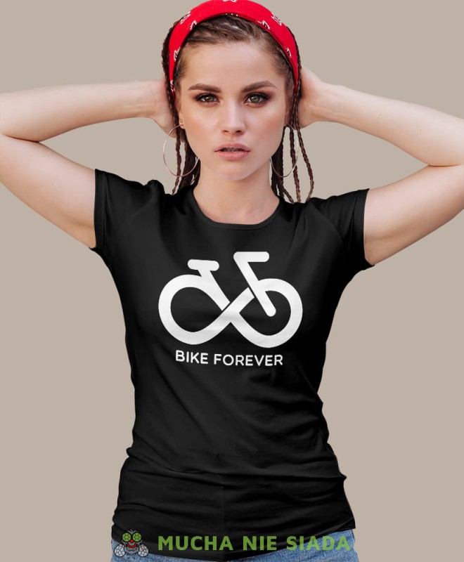bike forever, czarna damska koszulka rowerowa z nadrukiem, na rower, fajna koszulka dla rowerzystki, na co dzień, na prezent.jpg