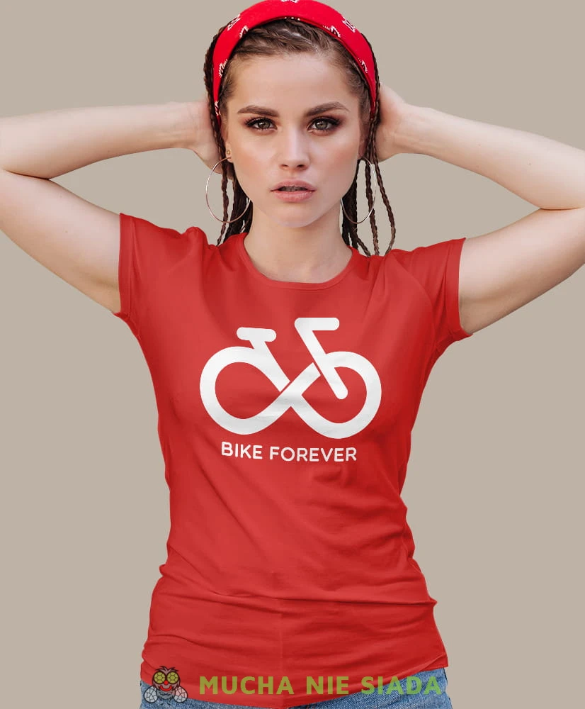 bike forever, czerwona damska koszulka rowerowa z nadrukiem, na rower, fajna koszulka dla rowerzystki, na co dzień, na prezent.jpg
