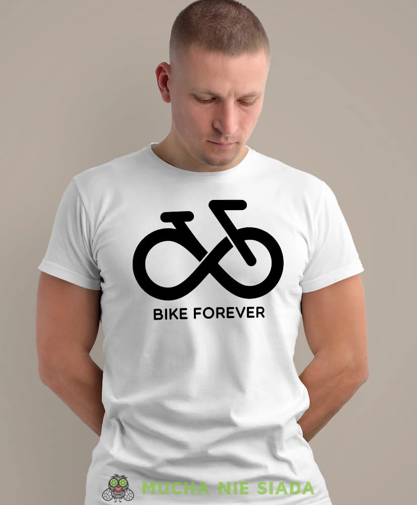 bike forever, biała męska koszulka rowerowa z nadrukiem, na rower, na co dzień, na prezent, fajna koszulka, rower, rowerzysta.jpg