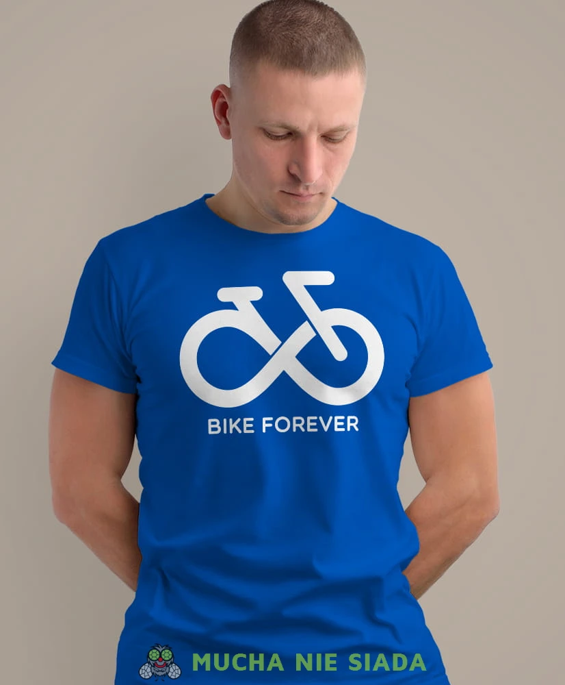 bike forever, niebieska męska koszulka rowerowa z nadrukiem, na rower, na co dzień, na prezent, fajna koszulka, rower, rowerzysta.jpg