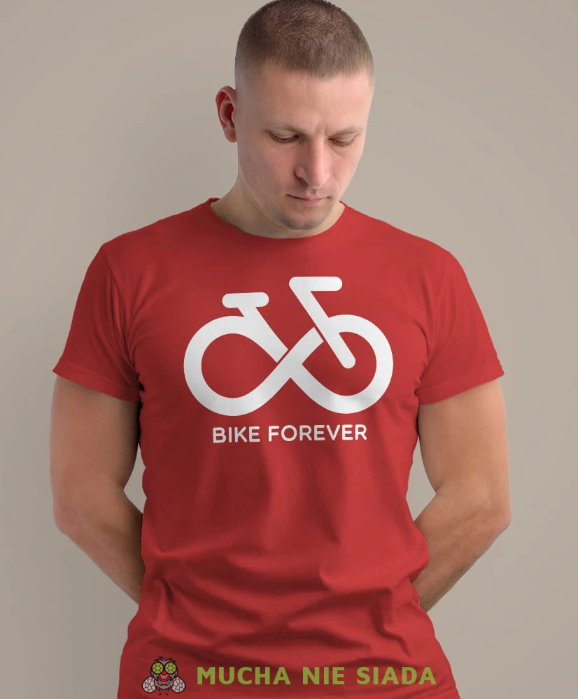 bike forever, czerwona męska koszulka rowerowa z nadrukiem, na rower, na co dzień, na prezent, fajna koszulka, rower, rowerzysta.jpg