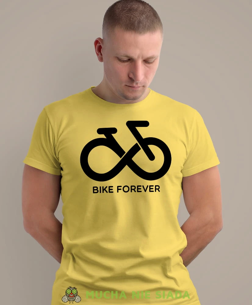 bike forever, żółta męska koszulka rowerowa z nadrukiem, na rower, na co dzień, na prezent, fajna koszulka dla chłopaka, rower, rowerzysta.jpg