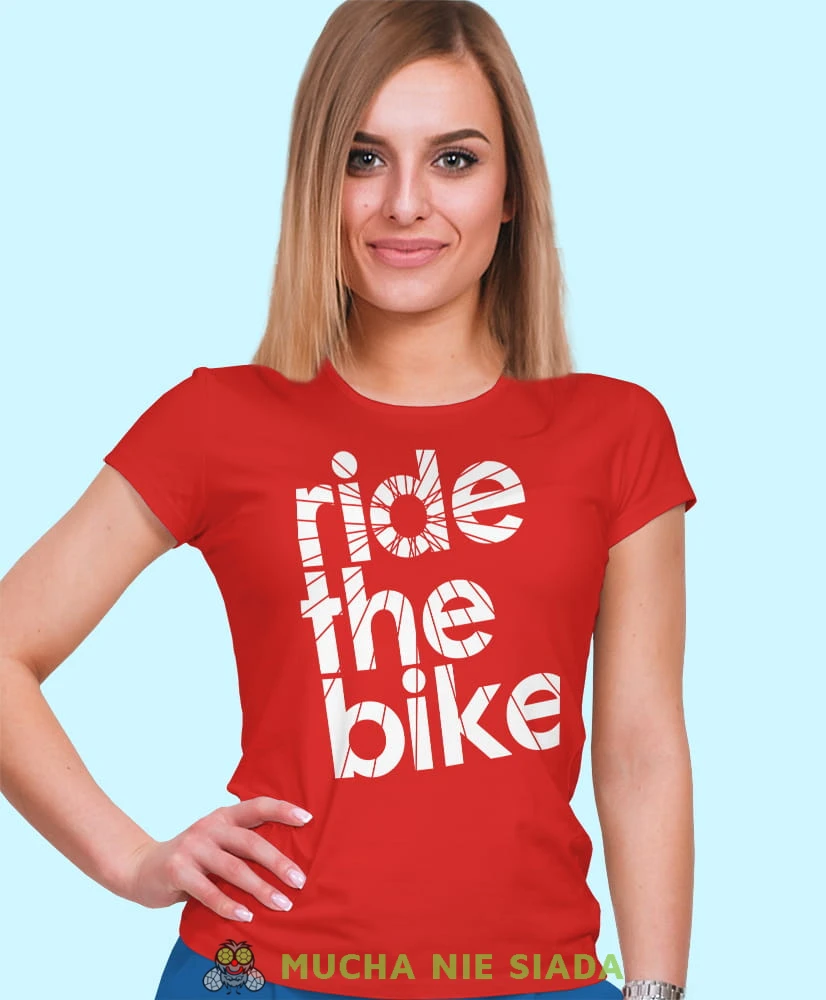ride the bike, czerwona damska koszulka rowerowa z nadrukiem, na rower, fajna koszulka dla rowerzystki, na co dzień, na prezent.jpg