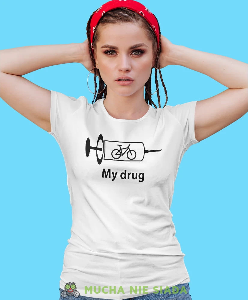 bike is my drug, biała damska koszulka rowerowa z nadrukiem, na rower, fajna koszulka dla rowerzystki, na co dzień, na prezent.jpg