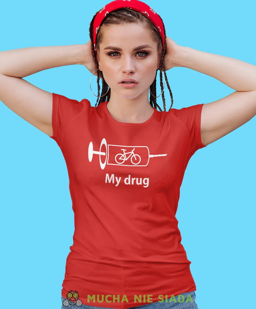 bike is my drug, czerwona damska koszulka rowerowa z nadrukiem, na rower, fajna koszulka dla rowerzystki, na co dzień, na prezent.jpg